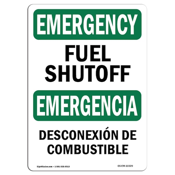Safety Sign, OSHA EMERGENCY, 7" Height, Aluminum, Fuel Shutoff Bilingual, Landscape